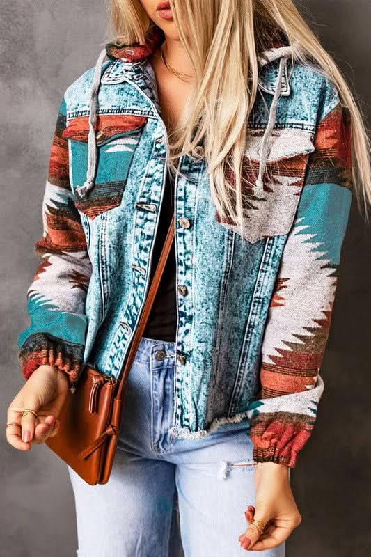 Geometric Print Frayed Hem Denim Jacket - Love Salve